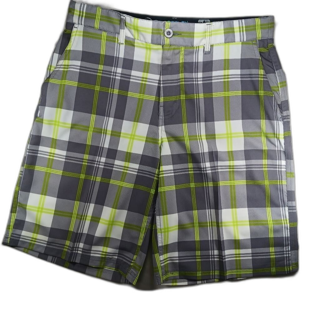 Opflex 4- Way Stretch Men's 32 Golf/Athletic Shorts. Green/ Gray Plaid.